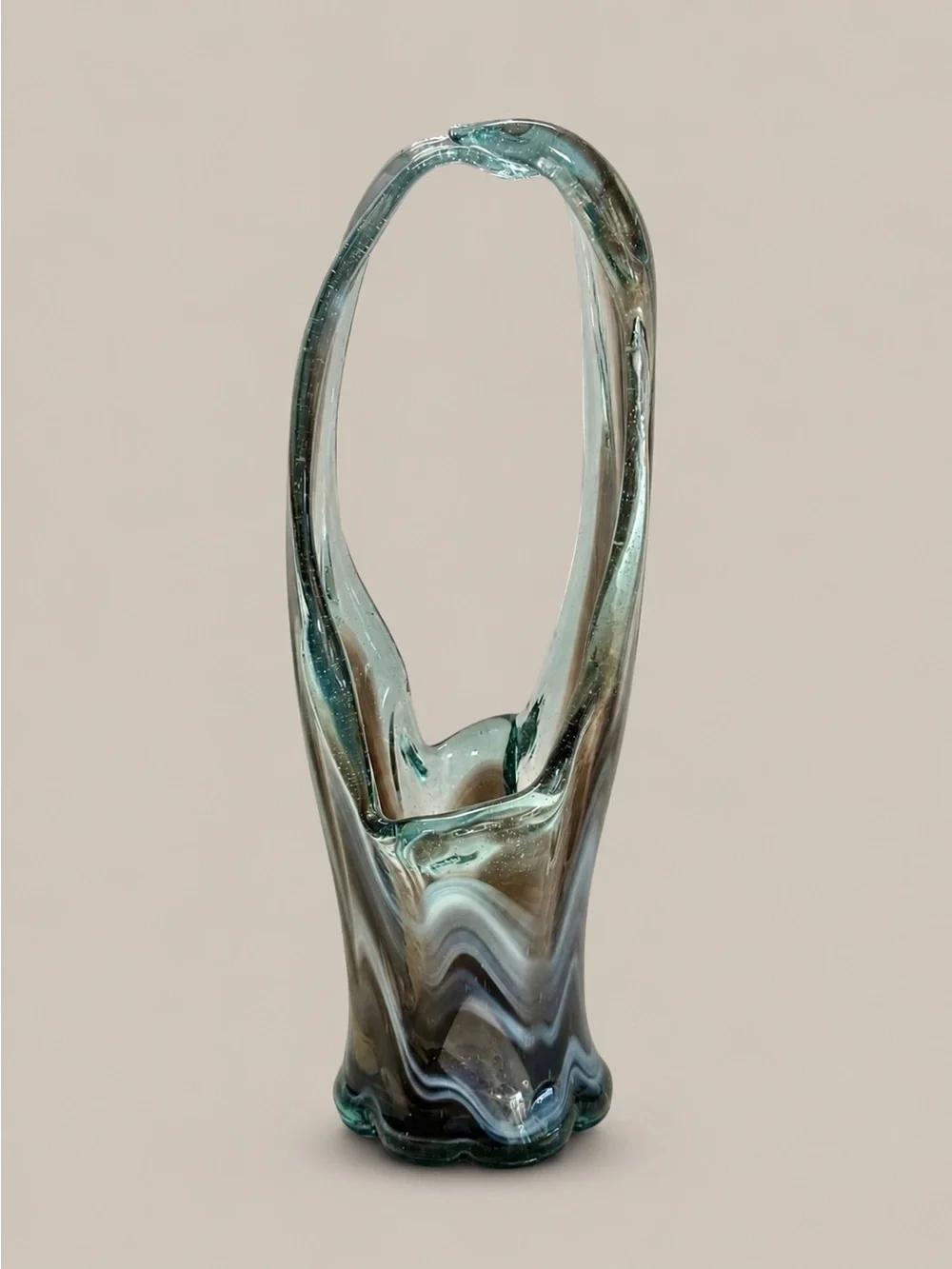 Murano Style Hand Blown Art Glass Basket Vase Blue Gray Swirl Controlled Bubble